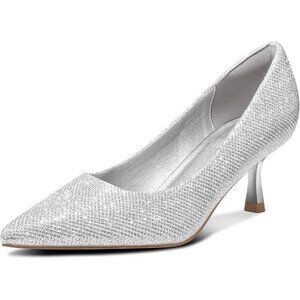 🆕Women's Silver Pumps 2 inch Kitten Heel Pointed Toe Low Heel Dress Shoes